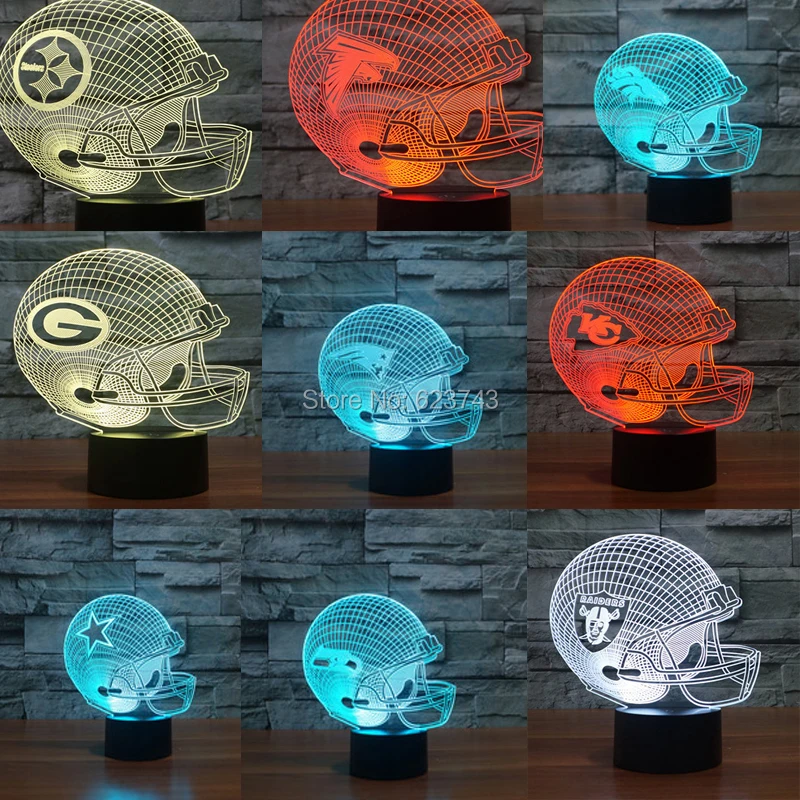 

American Football cap helmet 3D LED Color Changing night light of All Clubs by Touch induction control and AAA