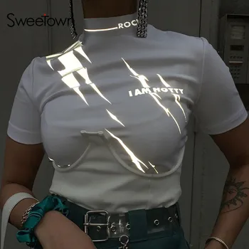 

Sweetown Reflective Lightning Print White T Shirt Short Sleeve O-Neck Slim Sexy Crop Top Basic Tshirt Hot Summer Holiday Clothes