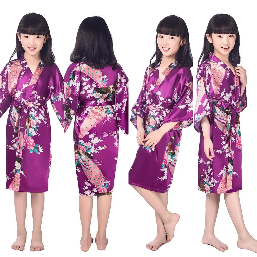 

Purple Kids Flower Wedding Stain Robes For Girls Floral Silk NightGown Children's Bathrobe Bridesmaid Party Kimono Evening Gowns