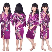 Фиолетовый дети цветок свадебные пятно Халаты для Обувь для девочек цветочные шелковой ночной рубашке детский халат для подружки невесты кимоно вечерние платья