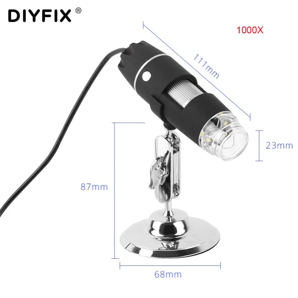 DIYFIX электронный 8 светодиодный 1000X/500X USB цифровой микроскоп Эндоскоп камера увеличительная Лупа с регулируемой металлической подставкой