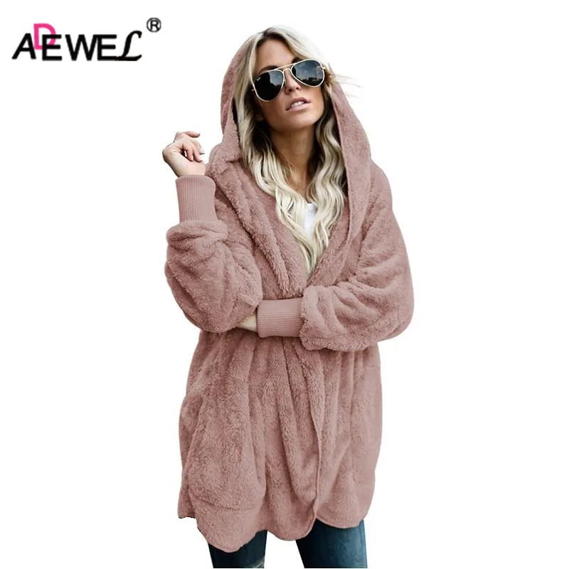 ADEWEL, новинка, весеннее Женское шерстяное пальто, теплая верхняя одежда, мягкий флис, с капюшоном, искусственный мех, пальто, длинный рукав, кардиган, женская верхняя одежда