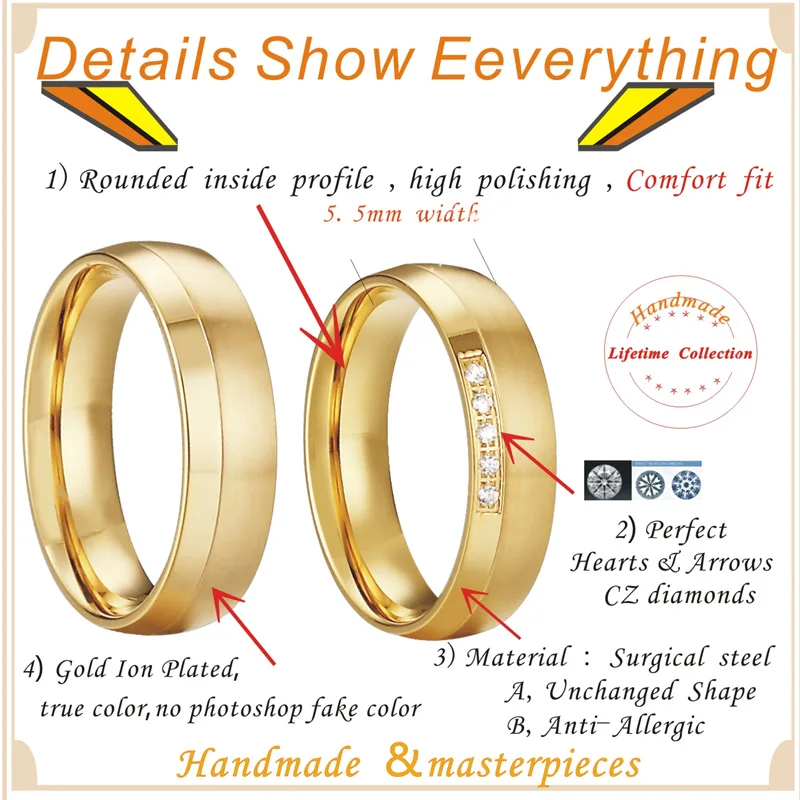 Classic Rounded Comfort fit Engagement Wedding Band couple Rings New Design Gold Color Men's women's rings Alliance anel (1)