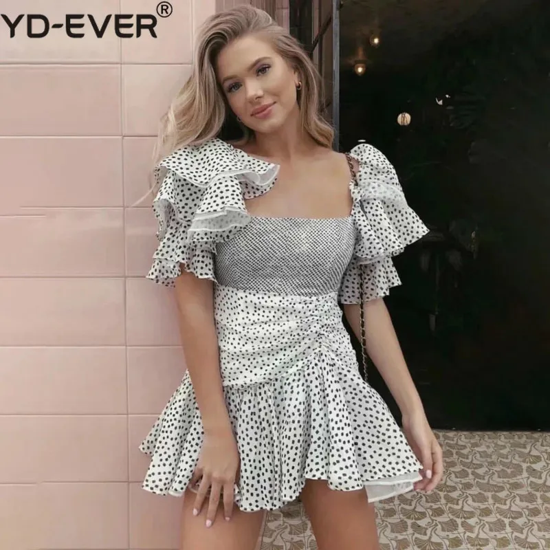 

2019 Fashion Ruffle Short Sleeve Patchwork Chiffon Dot Women Mini Dress