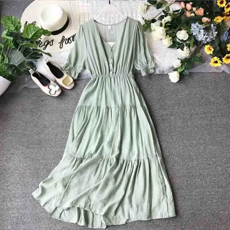 

2019 Summer Short Sleeve Solid Chiffon Midi Dresses Korean Fashion High waist V-neck Pleated Dress Vintage Women Ruffle Vestidos