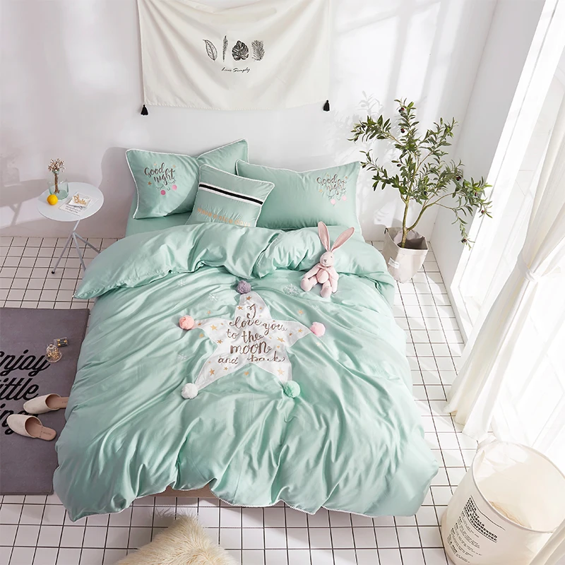 Cute five stars bedding sets 4pcs embroidery duvet cover set Flat sheet