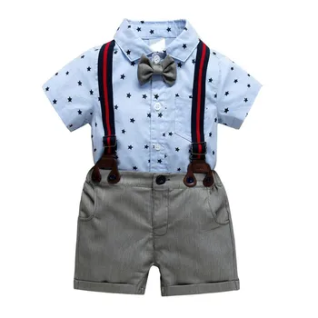 

Children's Summer Gentleman Clothes Kids Baby Boys Star Print Tops + Straps Shorts +Straps + Bow Tie Kids Party Suit Sets