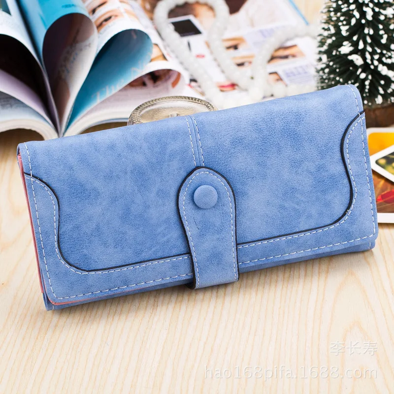 Корейская версия бумажник женский длинный раздел ретро матовый Сшивание дамы кошелек женский бумажник ручной кошелек - Цвет: Light blue