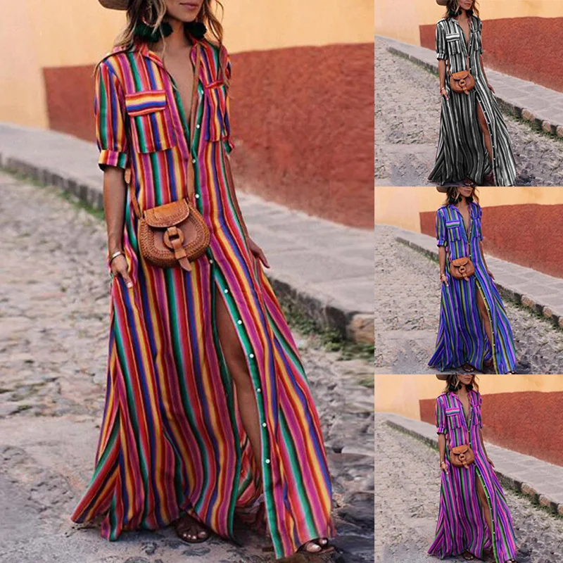 

OMKAGI Bohemian Long Blouse Casual Striped Lady Beach Swimsuit Cover Up Multi-color Bandage Female Summer Vestidos