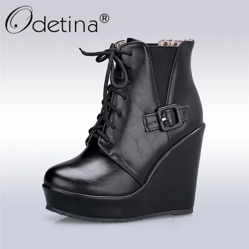 Odetina 2017 New Fashion Black Platform Wedge Ankle Boots High Heels