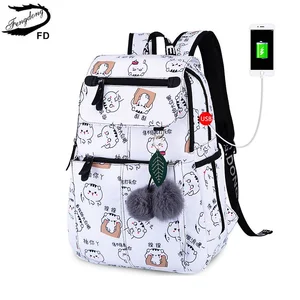 FengDong Fashion School Backpack for Girls School Bags Children Backpacks Kids Cute USB Bag Schoolbag