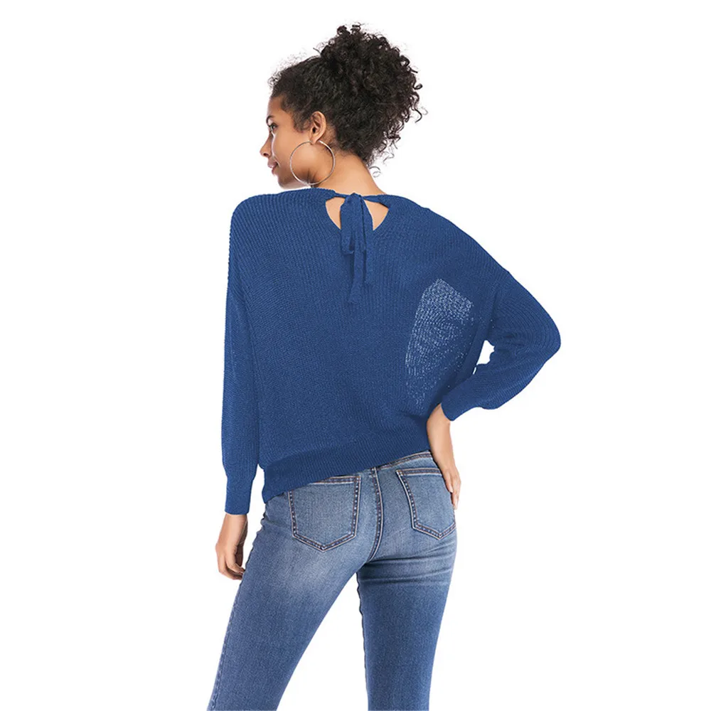 2018 autumn and winter new women's loose tie with two sides wearing sweaters solid color small V-neck pullover tops