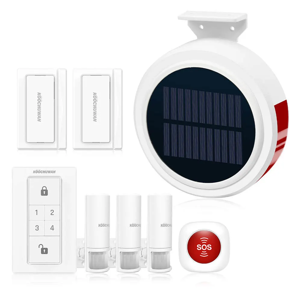 

KOOCHUWAH GSM Alarm Solar Powered Wireless Siren Alarm with Magnet Clothing PIR Detector Infrared Alarm Auto SMS Security System