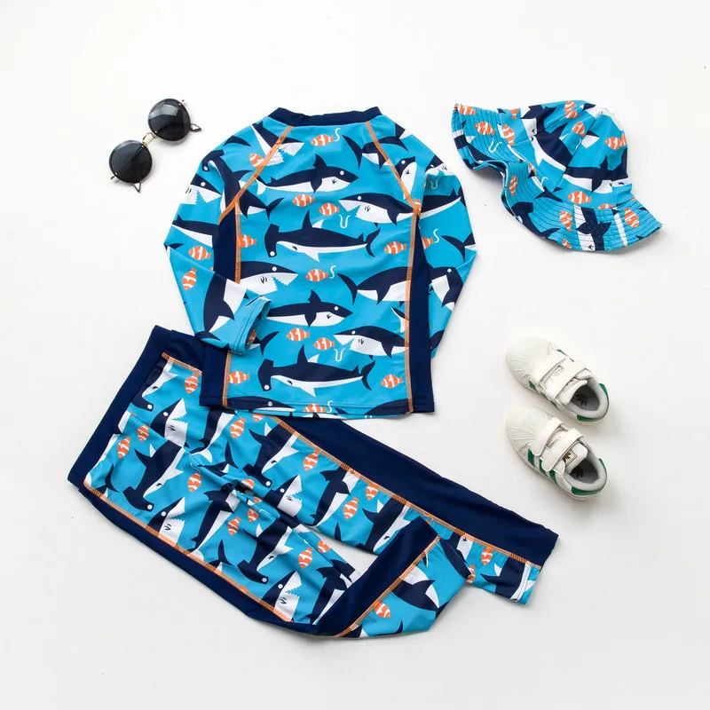 Toddler Boys Swimwear Kids Boy Swimsuit Shark Print Long Sleeves Rash Guards Beachwear Bathing Swimming Outfits Sun Block UPF50+