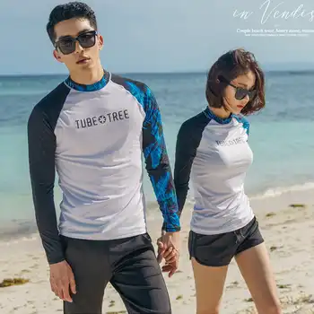 2018 ใหม่ Rash Guards Men ผู้หญิง 2 ชิ้นเสื้อแขนยาวกางเกงขาสั้นคู่ชุดว่ายน้ำท่องชุดว่ายน้ำ Rashguard ชุดว่ายน้ำ