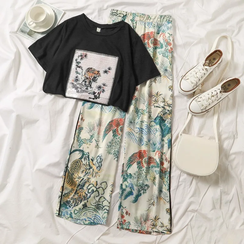 

Vintage Beach Style Wide Leg Pant Women Fashion Black White Short Sleeve T-shirt Chinese Traditional Pattern Casual Wear trouser