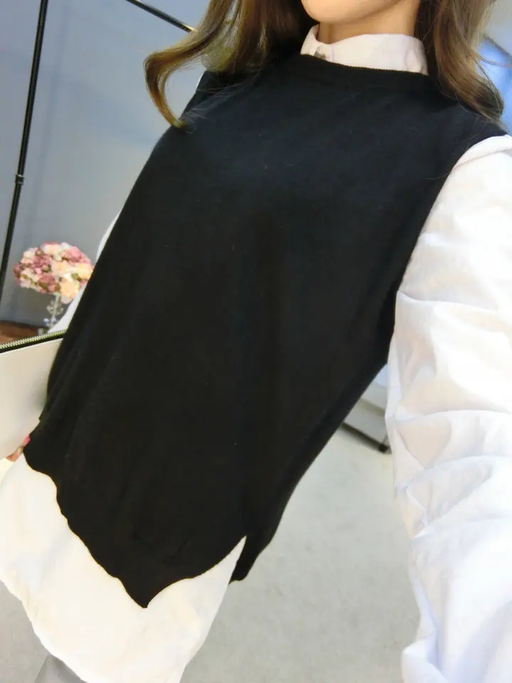 FRSEUCAG 2019The кашемировый жилет с открытой спиной, вязаный женский жилет с круглым вырезом, свободная куртка, свитер, пальто, жилет - Цвет: Черный