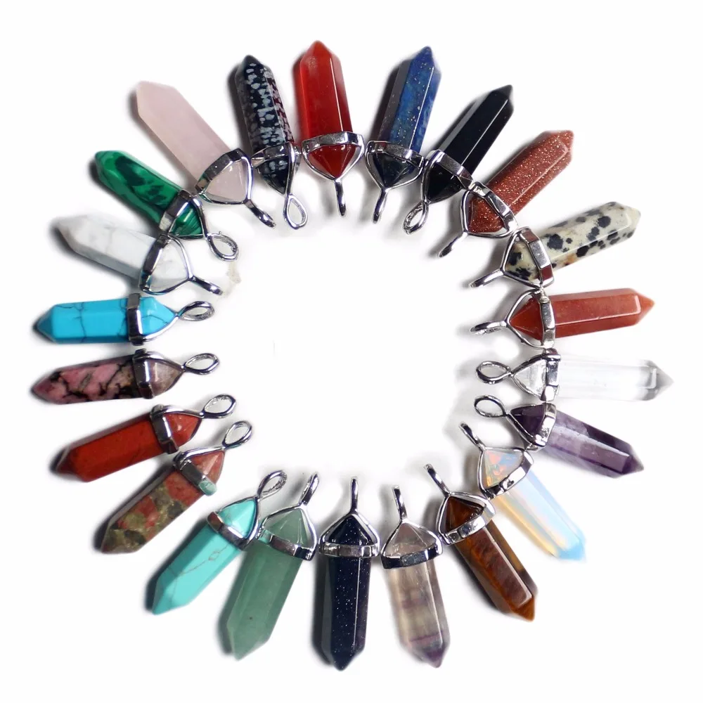 

Natural Gem Stone Pendants Bullet Point Hexagonal Pendulum Real Crystal Chakra Quartz Amethysts Turquoises Opal Stone Pendants