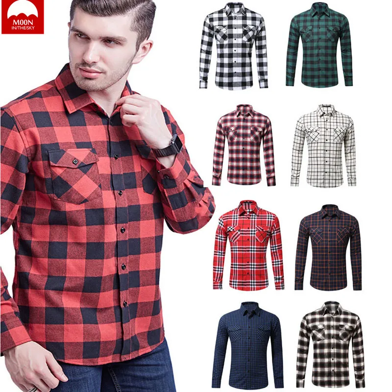 

Moon Shirt Men High Quality 2018 Shirt Fara Cotton Double Pocket Long Sleeve Button lattice Slim fit fashion Leisure CSJR-005