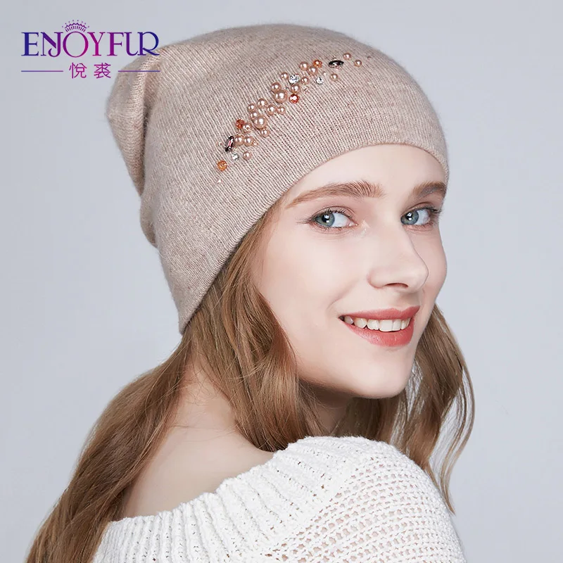

ENJOYFUR New Women's Winter Hats Double Lining Lady Cap With Rhinestones Angora Rabbit Thick Autumn Beanies