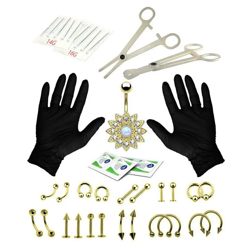 

Women 31pcs/set Body Piercing Tools 6 Style Piercing Tool Kit Belly Tongue Eyebrow Nipple Lip Nose Sets Cartilage Body Jewelry