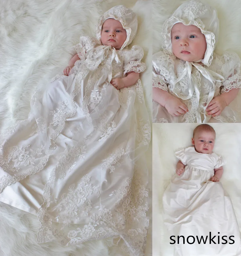 

Two pieces lace Appliques Baby Girl White/Ivory short sleeve Newborn toddler Christening Gown Baptism Dress + bonnet