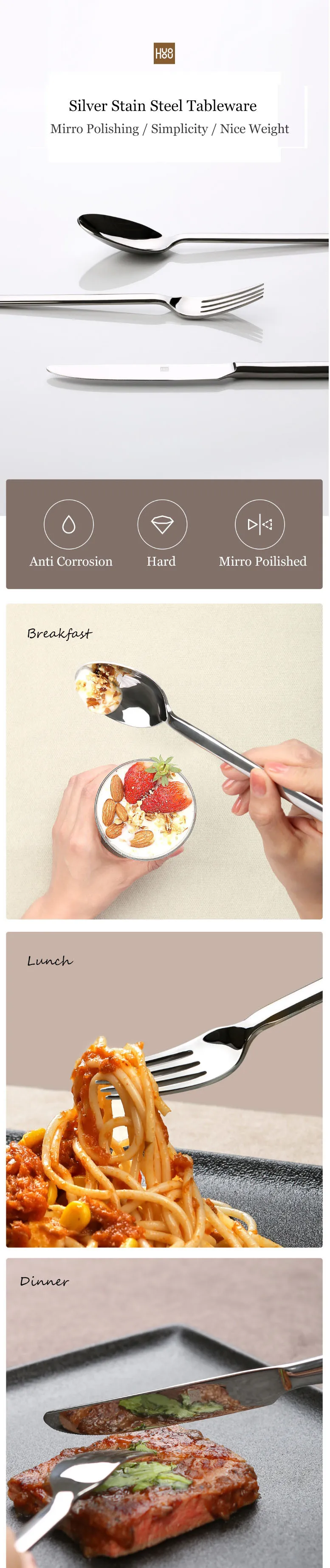 Оригинальная посуда Xiaomi Mijia Huohou, нож для стейка, ложка, вилка, столовая посуда из нержавеющей стали, набор столовых приборов для семьи