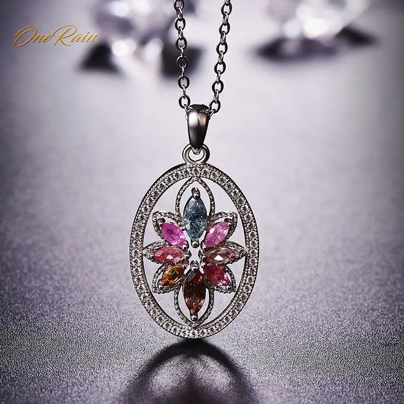 

OneRain 100% 925 Sterling Silver Vintage Ethnic Tourmaline Zircon Gemstone Colorful Rainbow Pendant For Women Wholesale