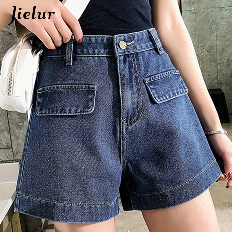 

Jielur Lady Short Jeans Kpop College High Waist Wide Leg Shorts Pockets Hipster Street Summer Denim Shorts Femme Plus Size S-5XL