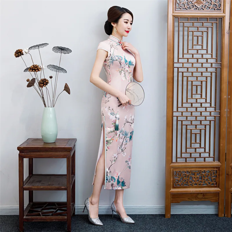 Элегантный Бизнес короткий рукав платье сексуальный район с цветочным принтом высокое платье Ципао с разрезом китайский Для женщин