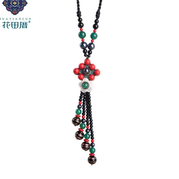 

Ethnic Tassel Handmade Red Cinnabar Bead Black Shell Bead White Petal Grren Black Stone Glass Rope Female Accessories CL-17117