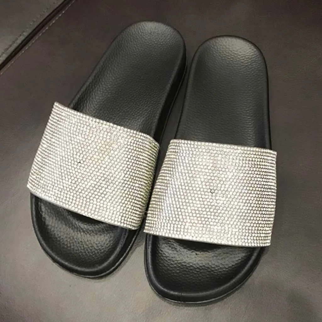 

Sandalias Mujer 2019 Womens Flat Slides Sandals Diamante Sparkly Sliders Colorful Diamond Slippers Flip Flop Zapatos De Mujer