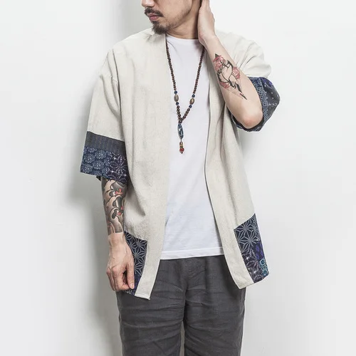 Men Kimono Traditional Open Stitch Shirt Men Cotton Linen Shirts Male Three Quarter Sleeve Shirt Harajuku Mens Clothing 5XL - Цвет: Hemp color