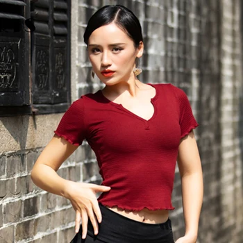 

Latin Shirt Adult Short Sleeve V Collar Women Latin Dance Top Rumba Cha Cha Samba Tango Salsa Practice Dancewear Ladies DNV11665
