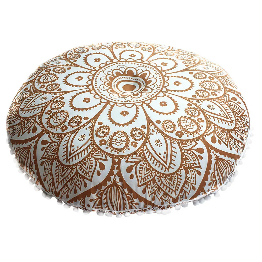 New 28" Indian Black Gold Ombre Mandala Design Round Floor Cushion Cover Pom Pom