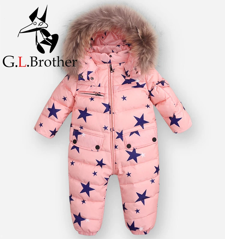 

-30 Degree Baby Winter Snowsuit White Duck Down Toddler Boys Girls Outwear Coat Down Natural Fur Kids Snow Wear Jumpsuit Z134