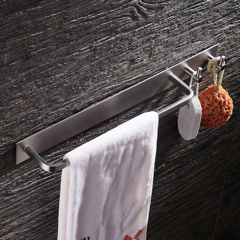 Towel Bar Black Aluminum Brushed Single Towel Holder Rail Wall Mounted Bathroom Towel Rack Hanging Holder with 2 Hooks toallero