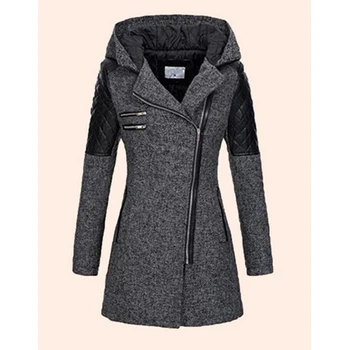 

2019 Autumn and Winter New Diagonal Zipper Hooded Woolen Windbreaker Long Thick Warm Coat Dropshipping