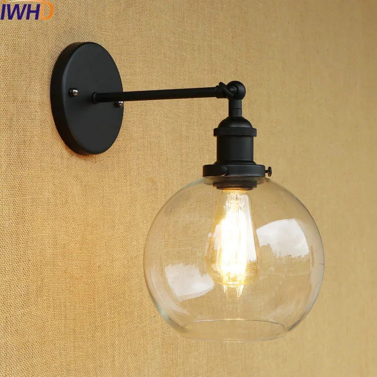 Luminárias de Parede Bola de Vidro Lâmpada de Parede Iwhd Wandlamp Arandela Retro Vintage Industrial Edison Sótão Apliques Pared Lampen Led