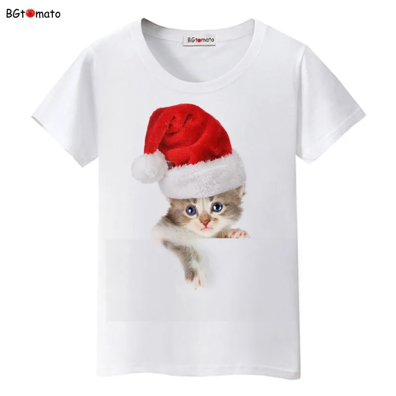 

2021 Christmas hat little kitten t shirt women lovely pet summer new cat shirt Good quality brand casual tops cheap sale