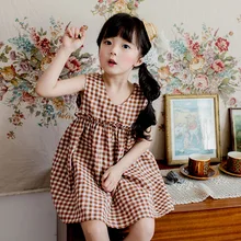 Платья для девочек; летние платья; Новинка года; детское платье в Корейском стиле; хлопковое клетчатое платье принцессы с принтом