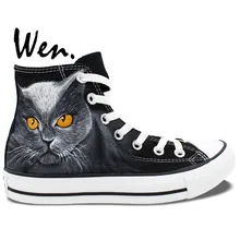 Вэнь Оригинальная Черная ручная роспись обувь Дизайн Пользовательские желтые глаза черная кошка высокие мужские женские парусиновые кроссовки