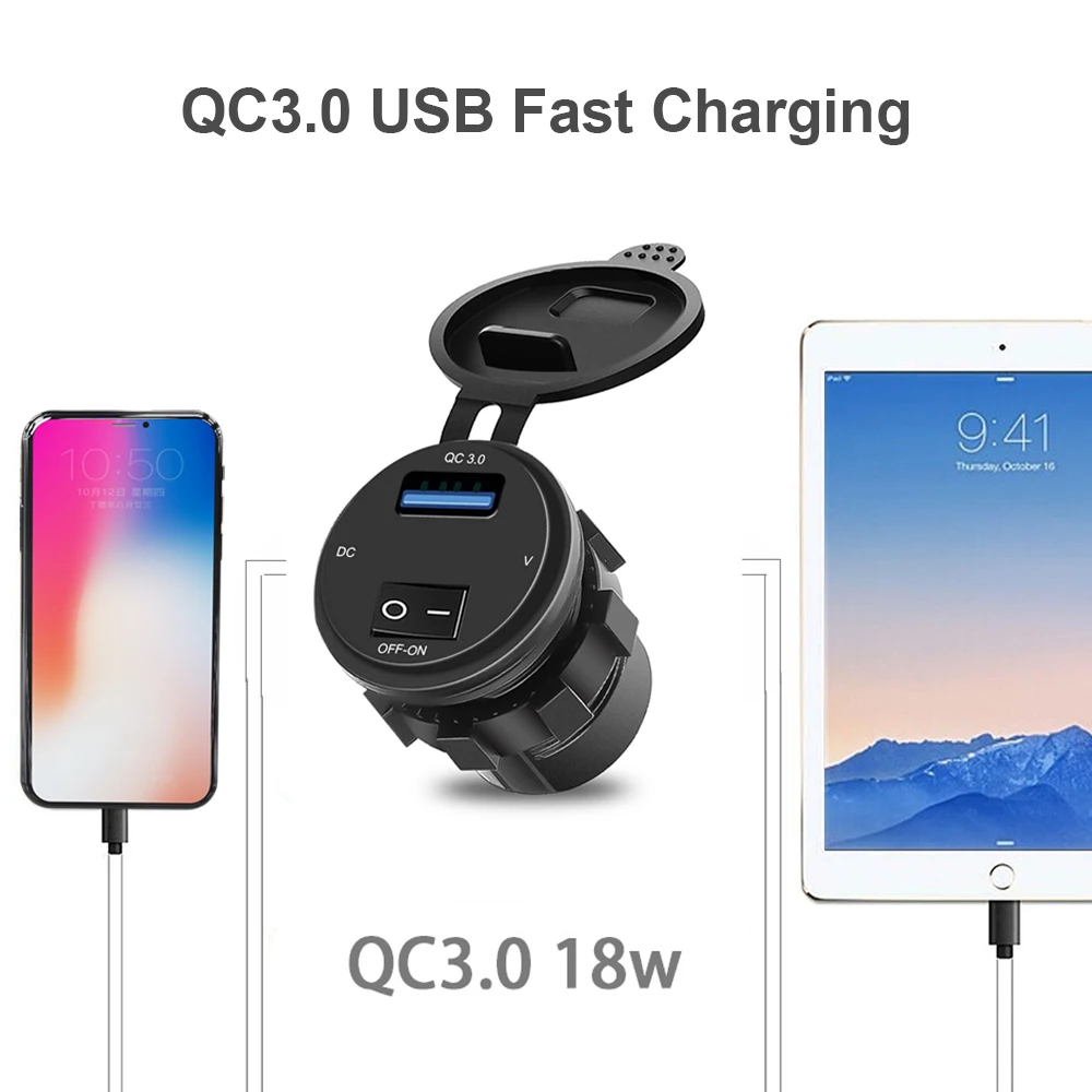 Светодиодный вольтметр, дисплей напряжения, QC 3,0, USB, 18 Вт, для быстрой зарядки телефона, для двигателя мотоцикла, адаптер питания с переключателем, DC12V-24V, водонепроницаемый