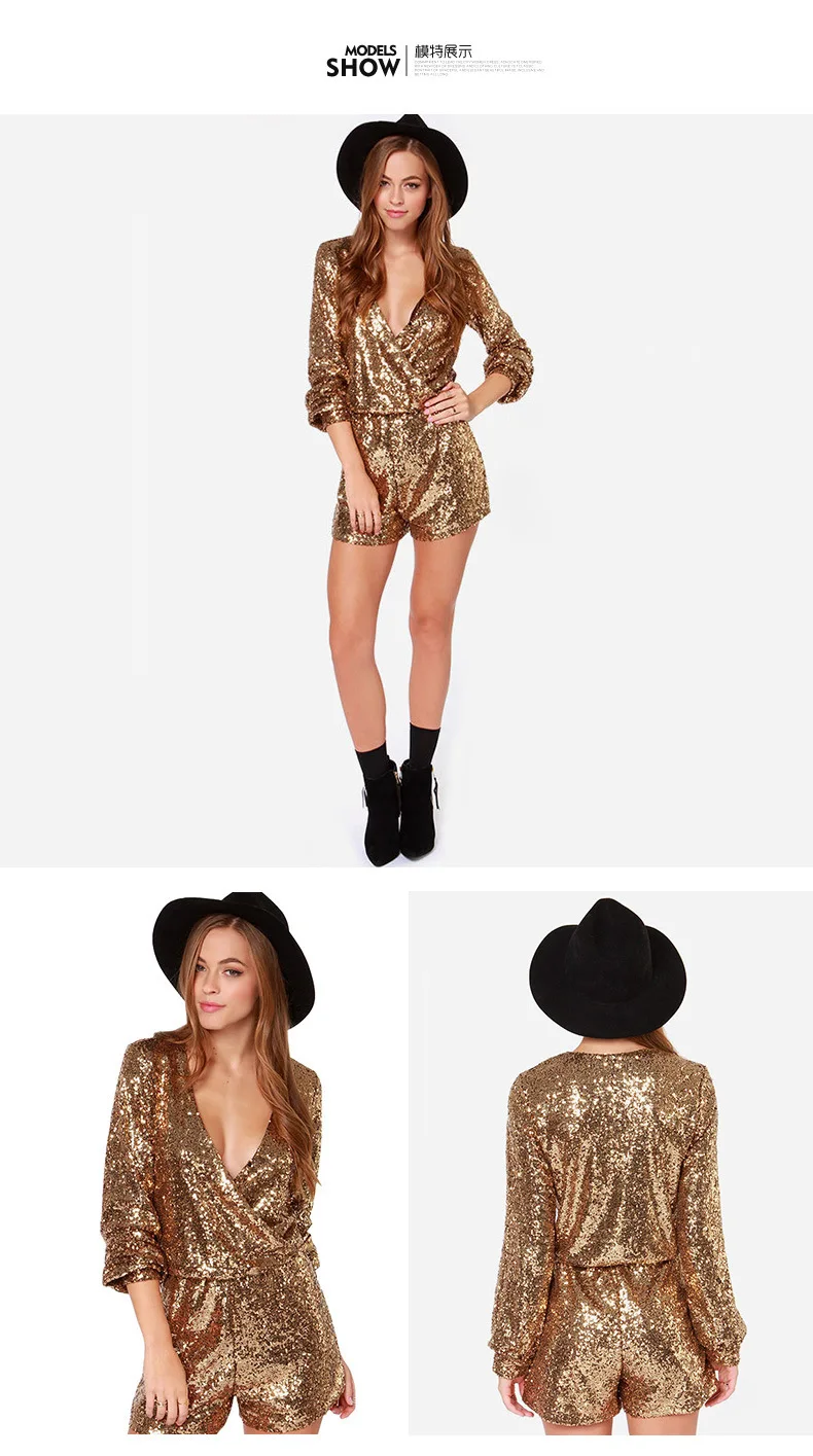 Genuo Sexy Women Sequins Glitter Jumpsuit Sequins V-Neck Party Jumpsuits Body Long Sleeve One Piece Shorts Streetwear Playsuits