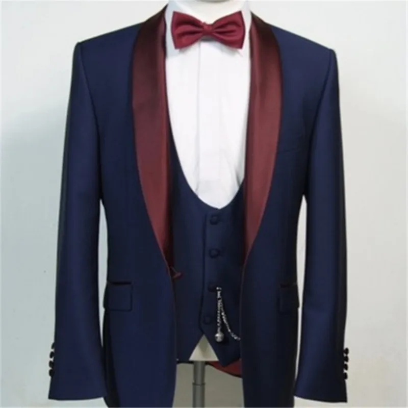 Navy Blue Men Suits Burgundy Shawl 