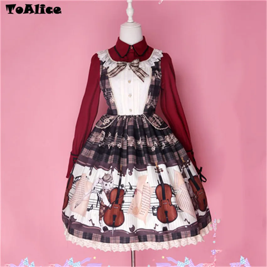 

Elegant Japanese Girls Cello & Cat Vintage Dresses British Prepy Style Vestidos Woman Party Dress 2018 Lolita JSK Dress