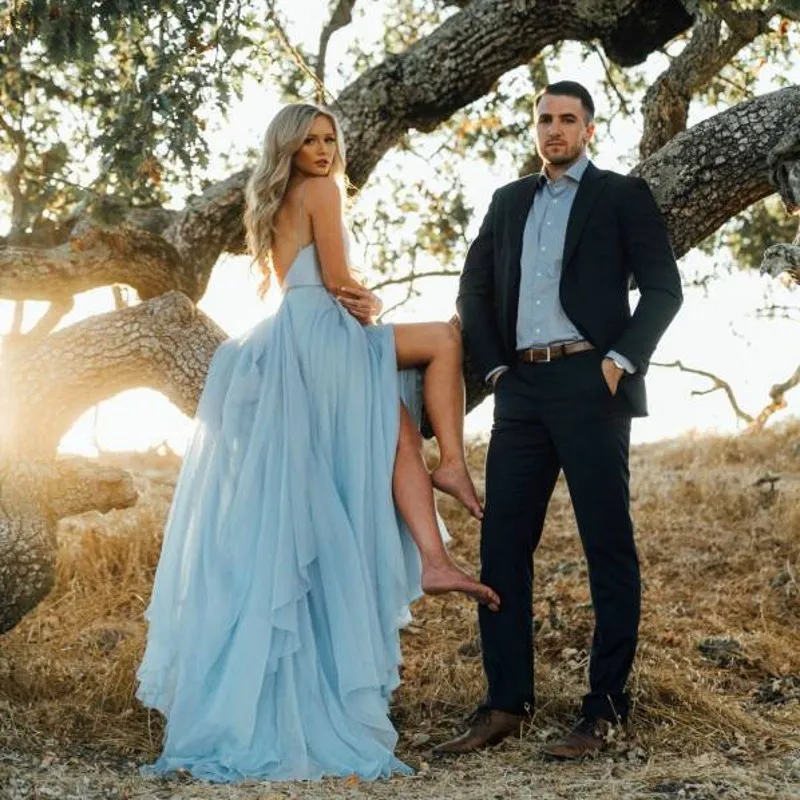 

Boho Style Prom Gowns Light Blue Evening Gowns Spaghetti robe de soiree Floor-Length Formal Party Dresses Backless Custom Made
