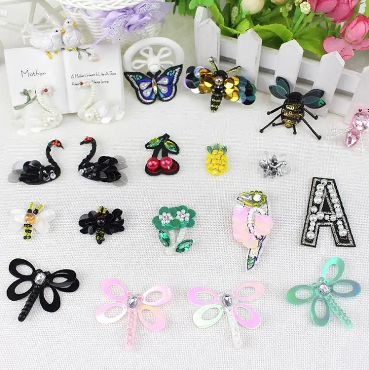 

10pcs Manual Nail Bead Sequins Patch Stick Insect Dragonfly Spider Applique Patch Embroidery Clothing Decoration Bee Patches