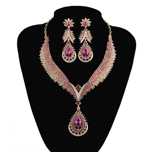 Индийский стиль, наборы ювелирных изделий с кристаллами, свадебные, вечерние, ожерелье, серьги, стразы, розовый цвет, нежные ювелирные изделия для женщин, подарок - Окраска металла: pink