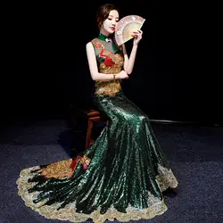 Зеленый Вышивка бриллиантами Восточный вечер платье Для женщин Элегантный хвостохранилища атласная китайский Cheongsam Свадебные китайский
